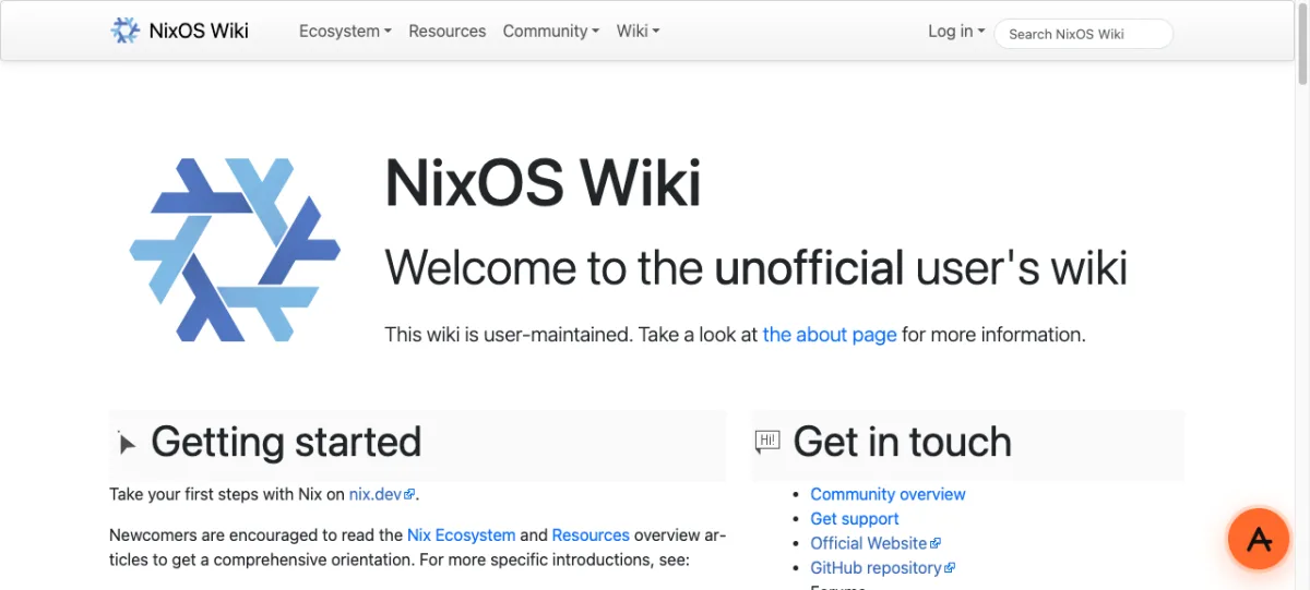 The NixOS Wiki home page fully loaded inside AnyProxy