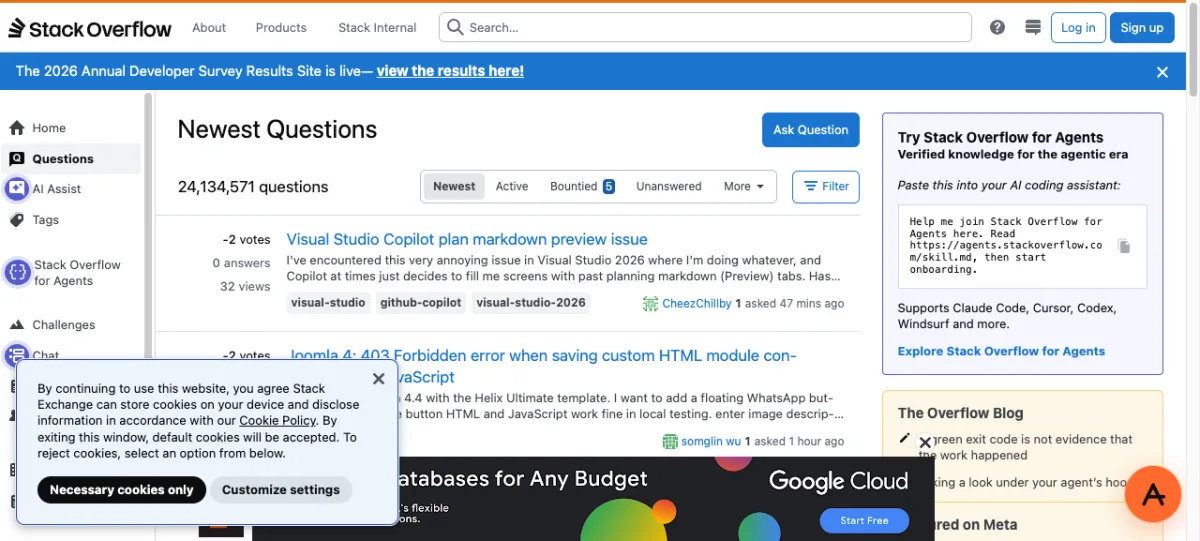 stackoverflow.com fully loaded inside AnyProxy with the Newest Questions list visible