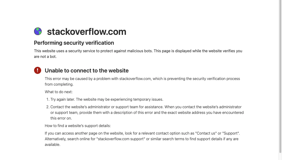 CroxyProxy showing Cloudflare's Performing security verification page for stackoverflow.com, ending in Unable to connect to the website
