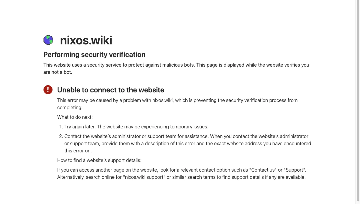 Proxyium showing Cloudflare's Performing security verification page for nixos.wiki, ending in Unable to connect to the website