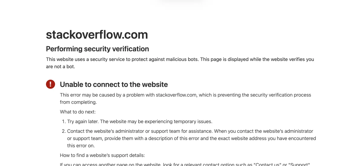 TrickyBird showing the same Cloudflare Performing security verification page for stackoverflow.com, ending in Unable to connect to the website