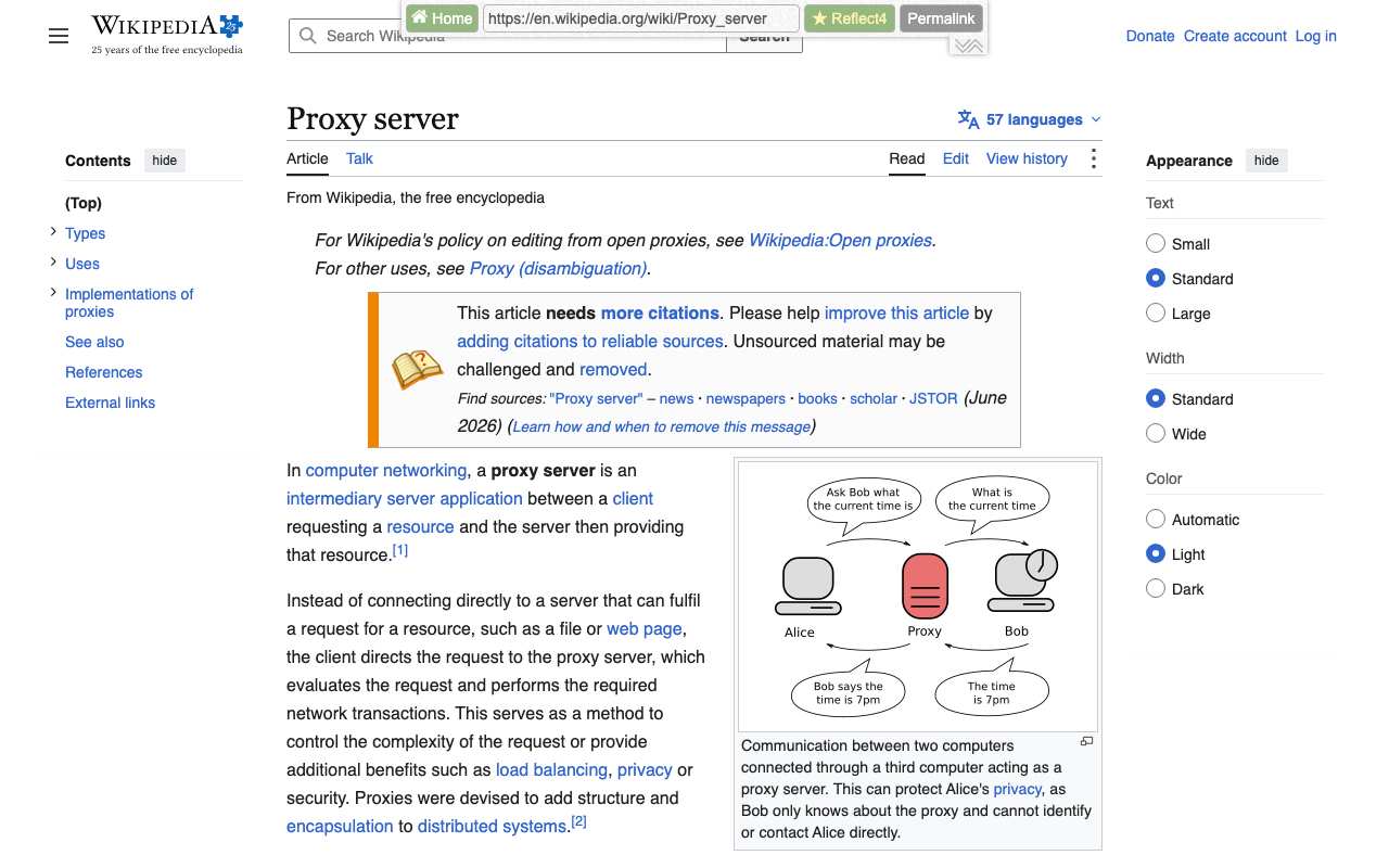 Wikipedia Proxy server article through CroxyProxy with the CroxyProxy address bar over the top of the page