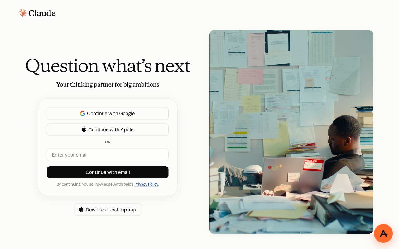 Claude sign-in page with Continue with Google, Continue with Apple and an email box, opened through AnyProxy Singapore