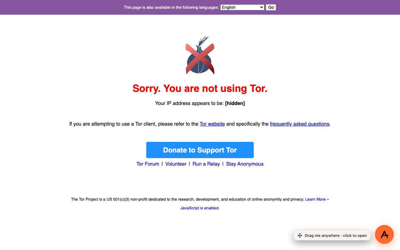 check.torproject.org showing a crossed-out onion and 'Sorry. You are not using Tor.', with the IP address hidden, opened through AnyProxy Virginia