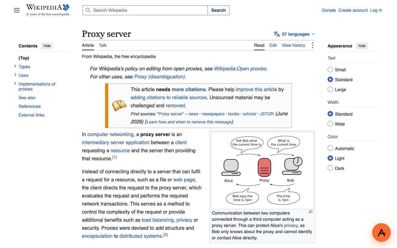 Wikipedia Proxy server article fully rendered through AnyProxy Singapore, with sidebar, appearance panel and diagram