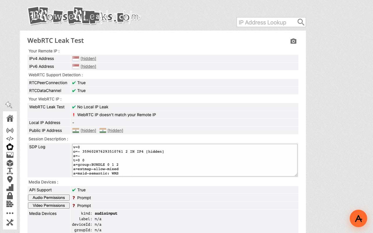 BrowserLeaks WebRTC Leak Test through AnyProxy Singapore: remote IP rows show a Singapore flag, WebRTC public IP rows show the test machine's own network, addresses hidden