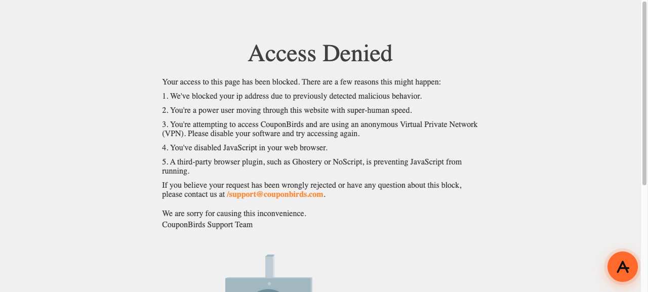 CouponBirds Access Denied page listing VPN and proxy use as a reason, through AnyProxy