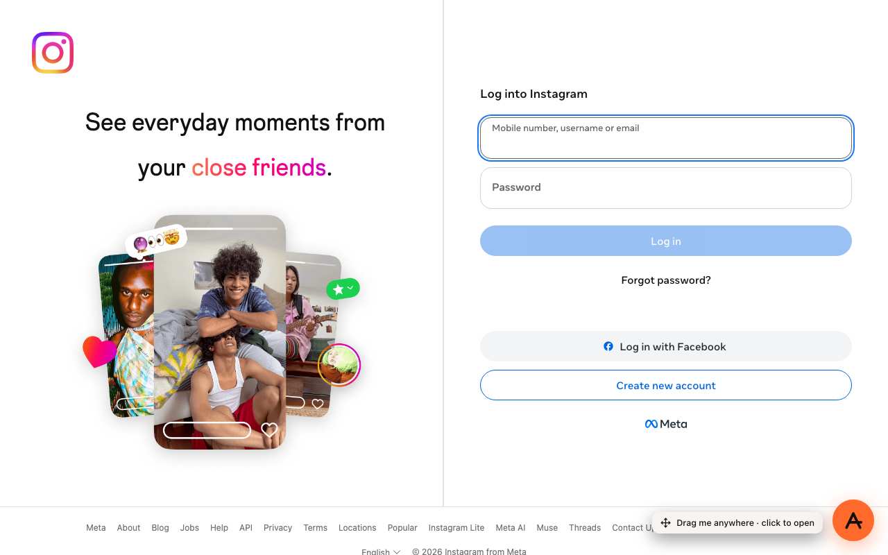Instagram 'Log into Instagram' page shown instead of the requested public profile, opened through AnyProxy Singapore