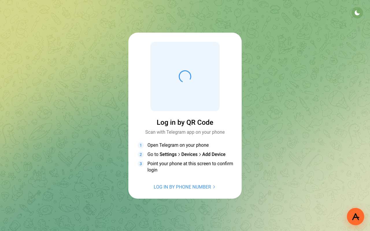Telegram Web 'Log in by QR Code' screen with a loading spinner where the QR code should be, opened through AnyProxy Singapore
