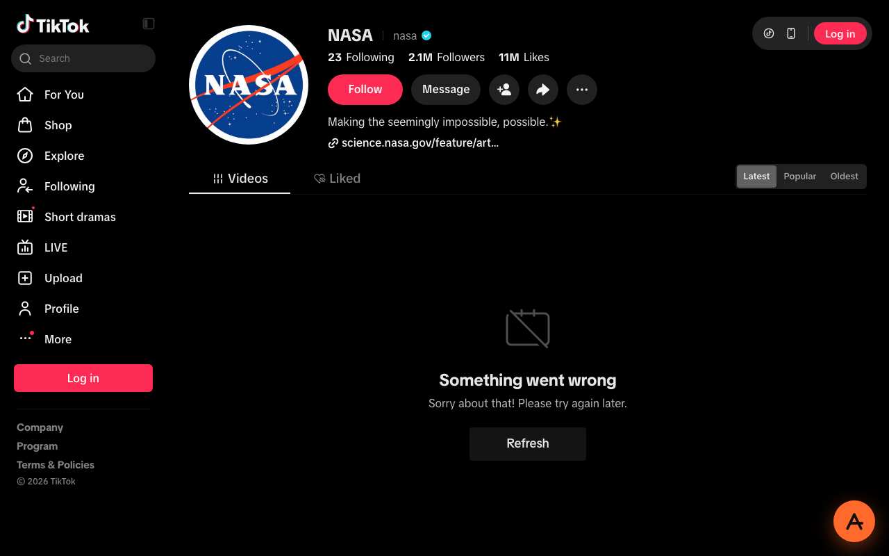 NASA's TikTok profile through AnyProxy Virginia: header with follower count loads, video grid shows Something went wrong with a Refresh button