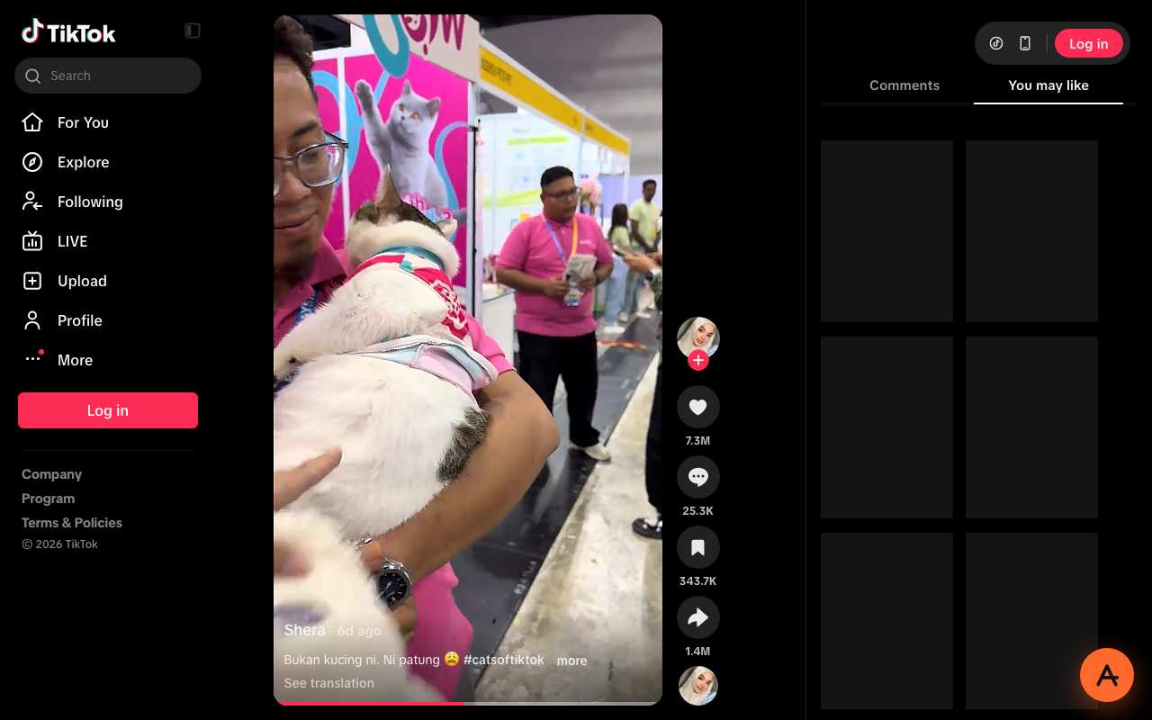 A TikTok video page playing through AnyProxy Singapore, progress bar advancing, with the For You and Explore sidebar and a Log in button
