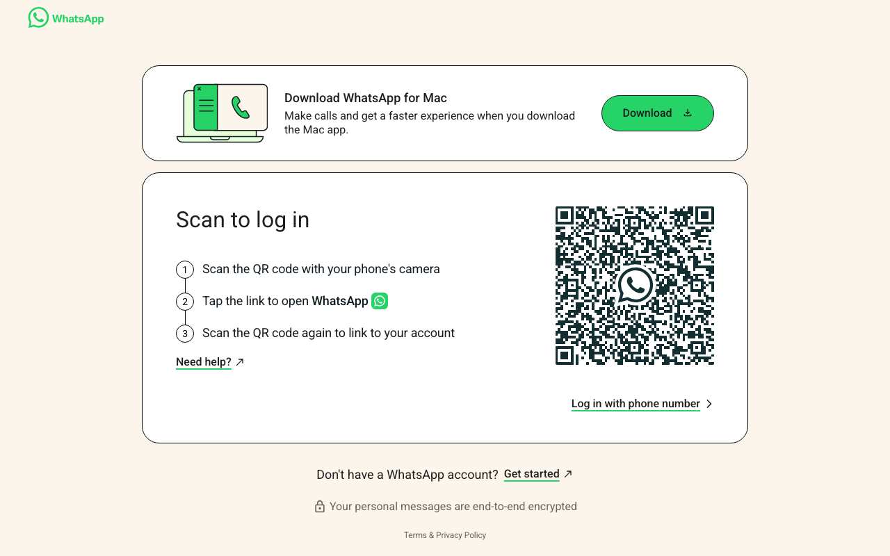 WhatsApp Web 'Scan to log in' card with a QR code and a 'Log in with phone number' link, opened through AnyProxy Singapore