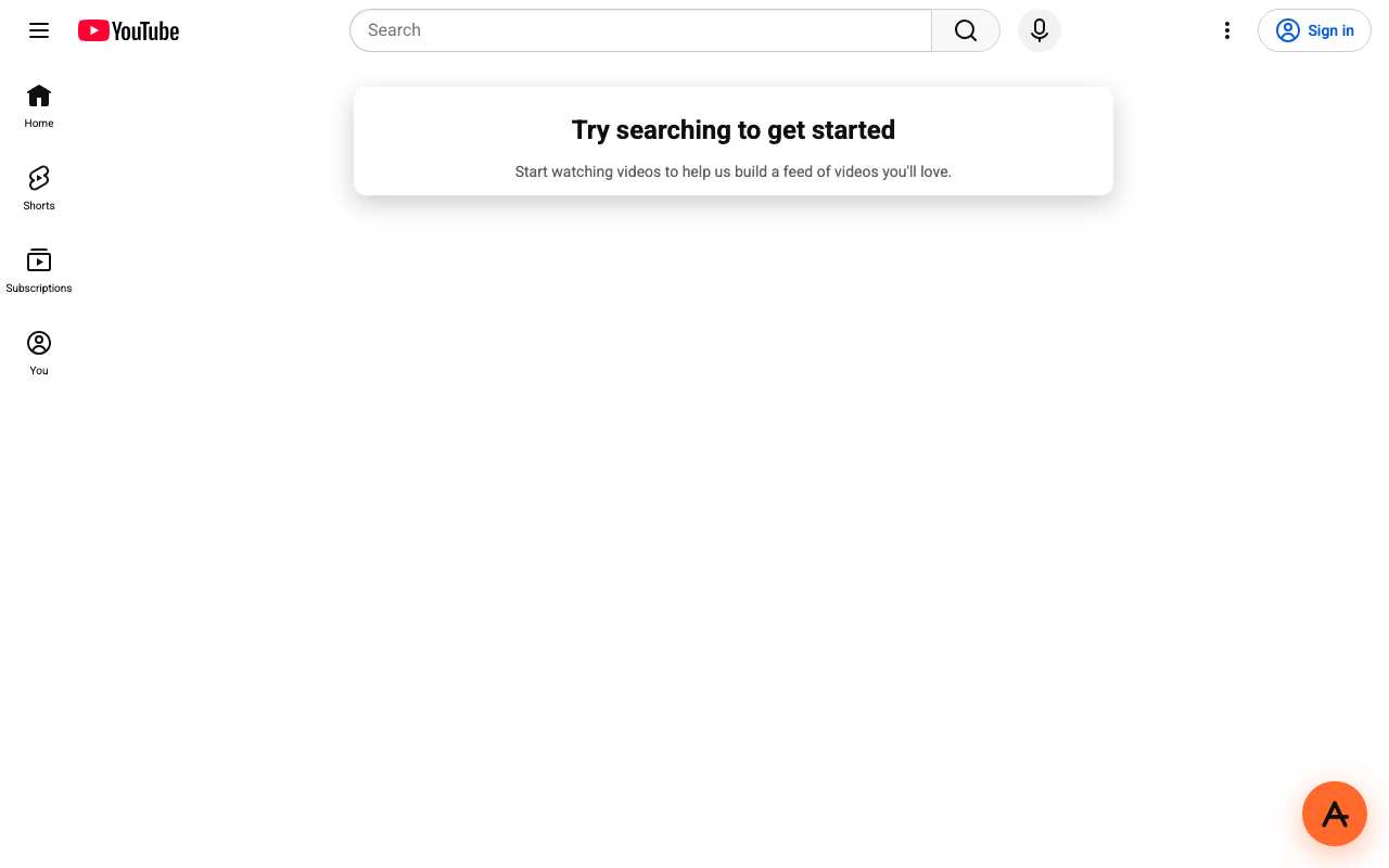YouTube home page opened through AnyProxy showing an empty feed with Try searching to get started