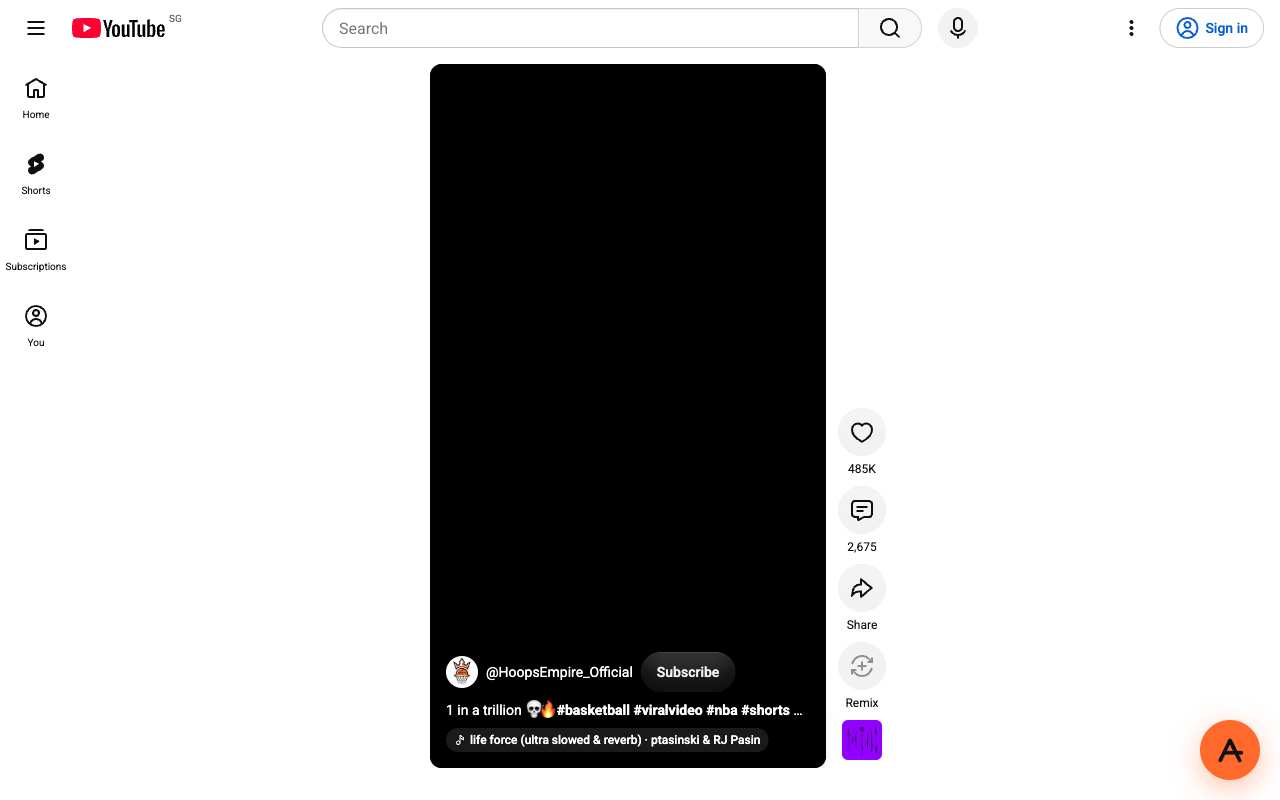 YouTube Shorts page through AnyProxy Singapore: creator name, 485K likes and comments visible, video area black